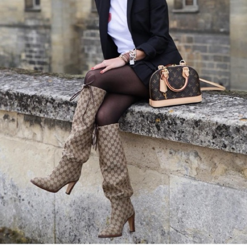 New GUCCI Lisa boots GG monogram beige CANVAS KNEE-HIGH Lisa heeled boots - Picture 4 of 10